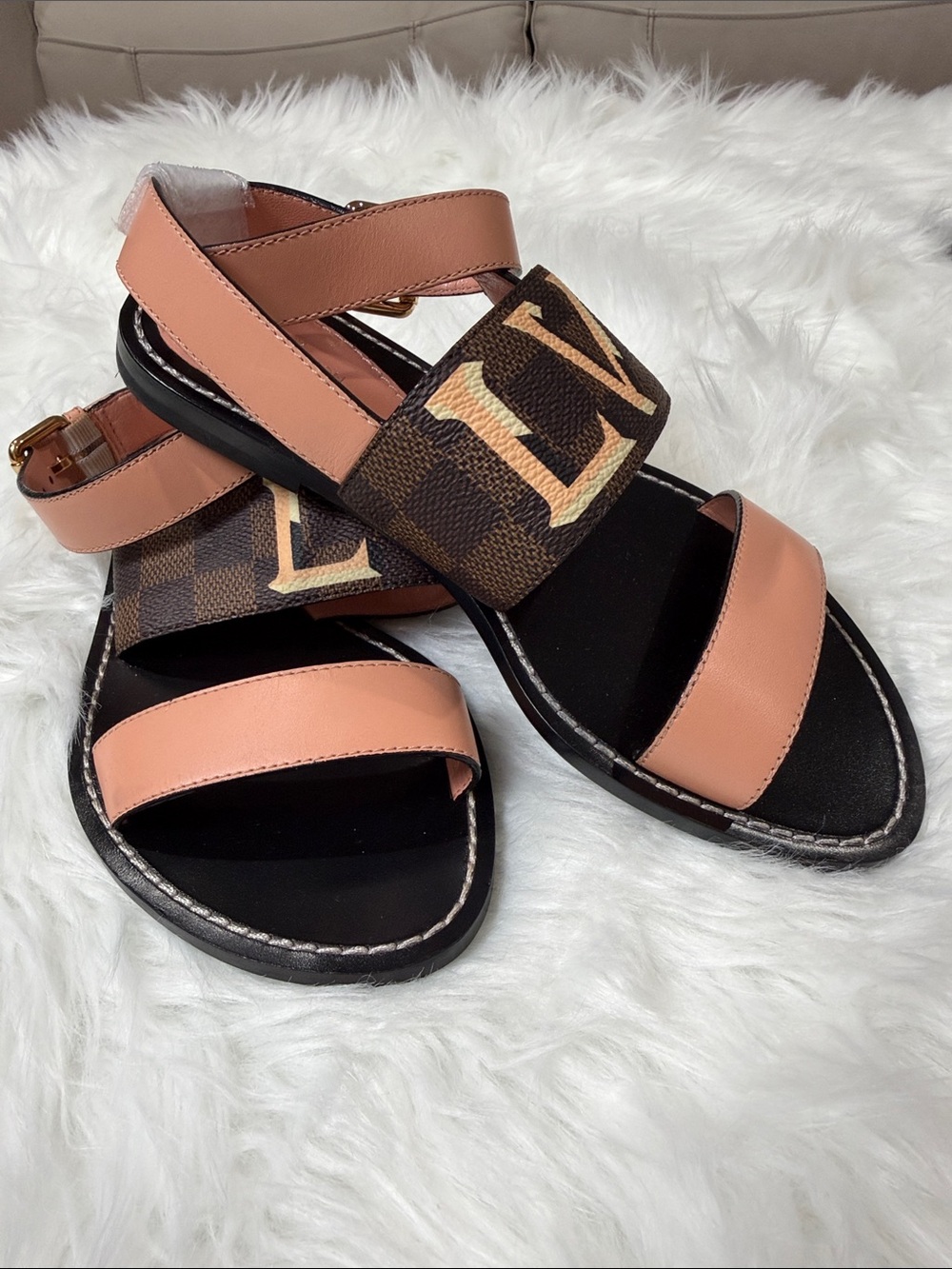 Louis Vuitton LV Monogram Peach Leather Flat Sandals Size 35.5